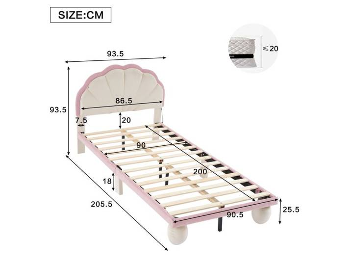 BEL Lit enfant capitonné LED multicolore tête ondulée pieds ronds sommier à lattes bois velours beige/rose 90x200 cm