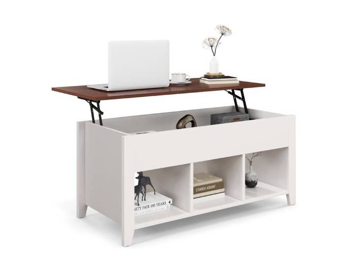 COSTWAY Table Basse avec Plateau Relevable avec 3 Compartiments Ouverts et Dispositif de Levage Pneumatique pour Salon Bureau