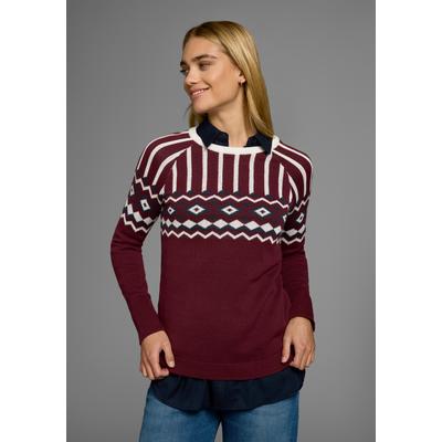 Jacquardpullover AJC, Damen, Gr. 40/42 (M), bunt (bordeaux, marine, sanftes weiß), Feinstrick, Obermaterial: 50% Baumwolle, 50% Polyacryl, figurbetont hüftbedeckend, Rundhals, Rippbündchen, Pullover Weihnachtspullover, mit Norwegermuster in...