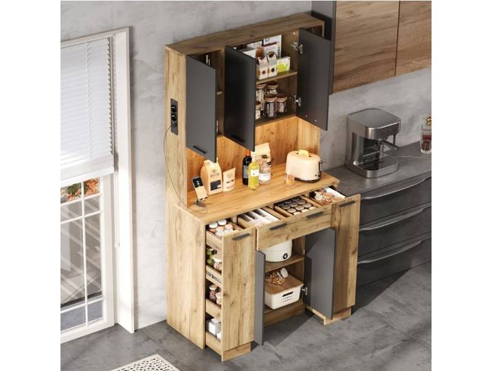 Meuble Cuisine Haut LED Noir Naturel Buffet Haut FloraGrace Pour Cuisine Et Salle A Manger Avec Prise Intégrée 100x40x180cm