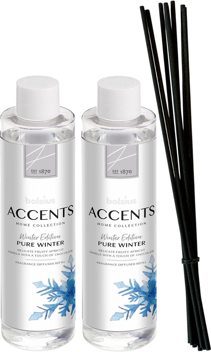 Bolsius Accents Navulling Voor Geurstokjes Pure Winter - 2 x 200 ml met 8 Fiber Geurstokjes