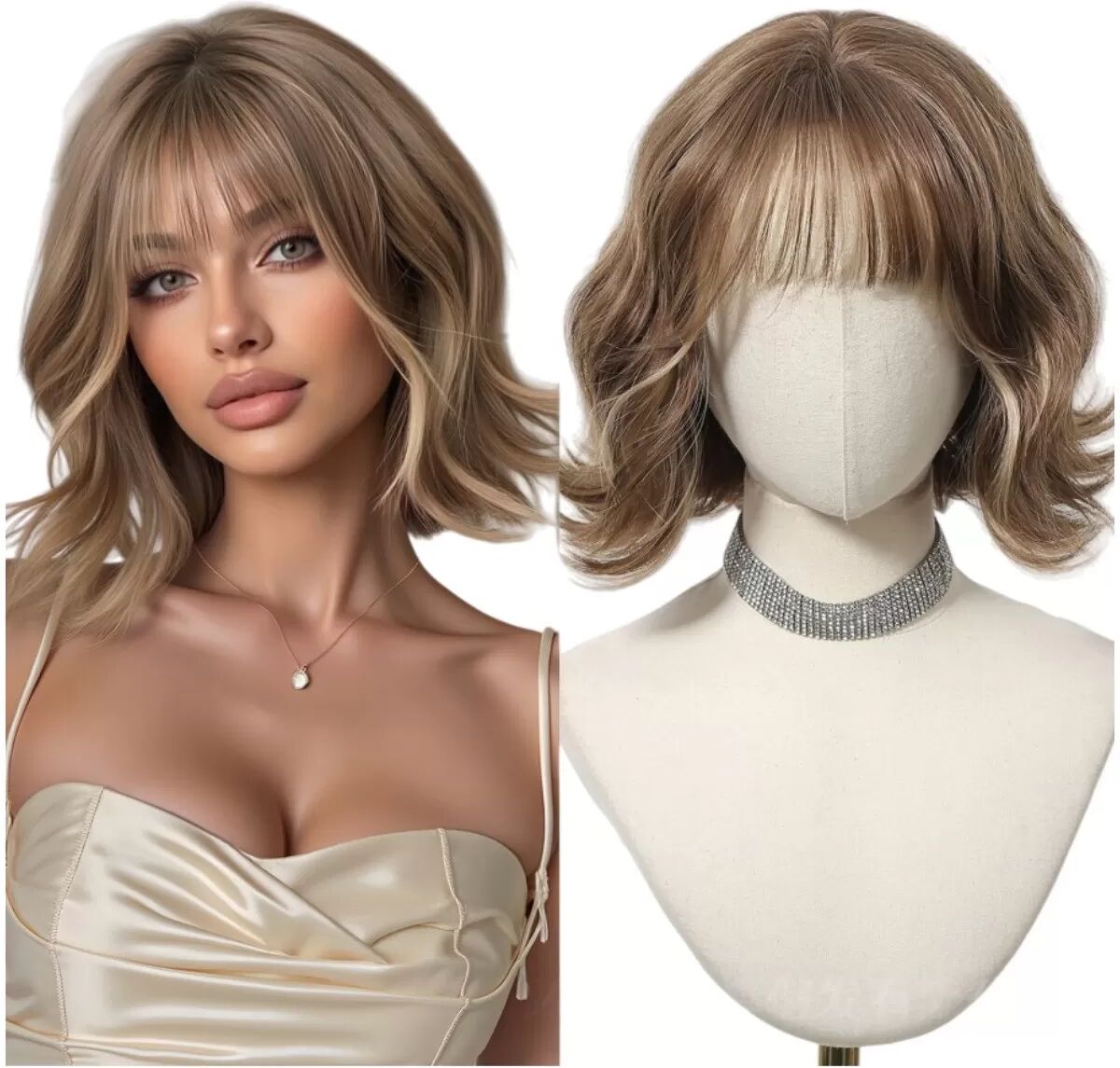 INF Perruque synthétique marron lait avec frange - Perruque à aspect naturel résistante à la chaleur