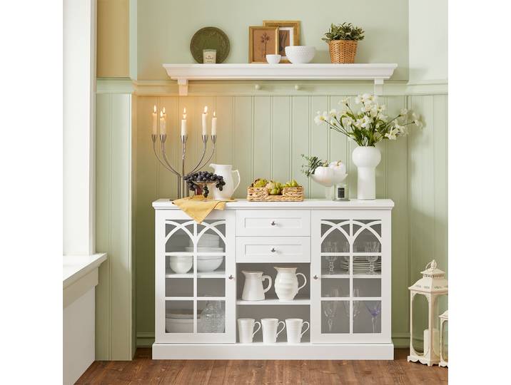 SoBuy FSB79-W Buffet avec 2 portes vitrées et 2 tiroirs Armoire de cuisine Commode Armoire de couloir Armoire de rangement pour buffet