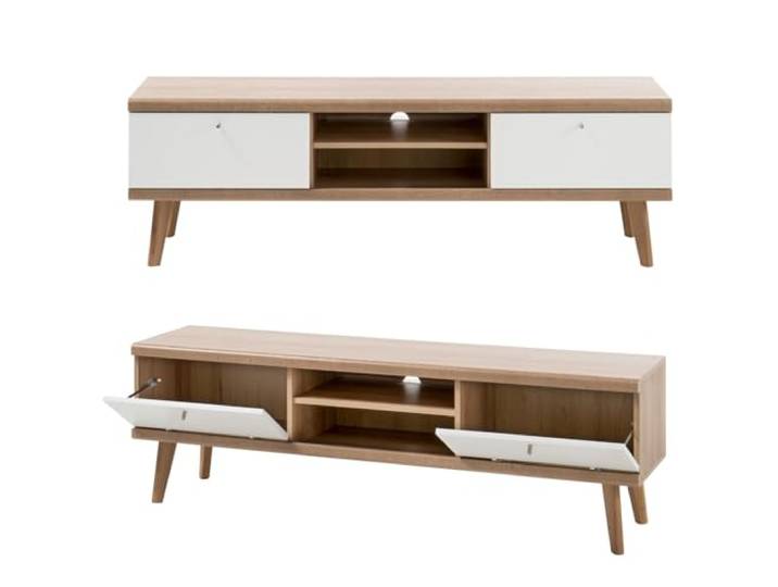 Lomadox Tv-lowboard, tv-tafel in retro design, wit mat met eiken Riviera Nb.