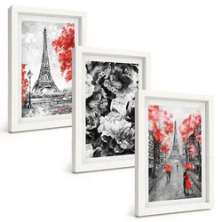 BILDER SET 3er Set - 20x30 cm Weißer Rahmen - graue Gemälde des Eiffelturms