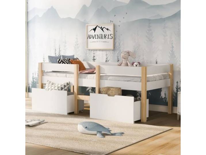 Lit mi-hauteur DRIPEX 90x200cm avec 2 grands tiroirs et rangements - Blanc