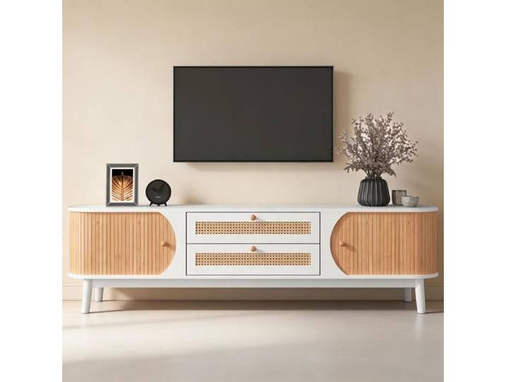 Meuble TV - WF304059WAA - Blanc - Bois naturel & rotin - Pour TV 50-59 pouces