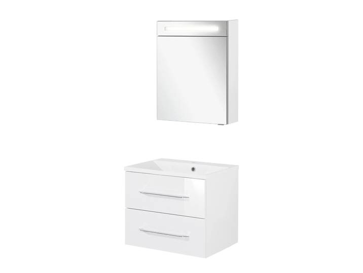 FACKELMANN B.CLEVER Waschtisch Set mit Spiegelschrank 60 cm breit, Weiß, Waschbecken Gussmarmor Weiß