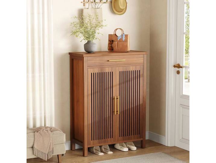 Finmind Meuble à Chaussures étroite à 5 étages - Meuble de Rangement en Bois pour Entrée - 80 x 36 x 110 cm - Marron