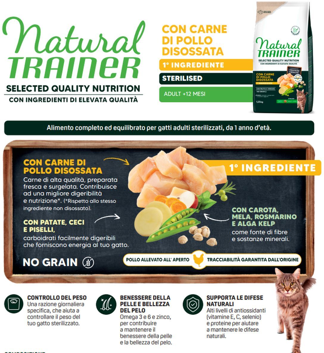 Natural Trainer Selected Gatto Sterilised No Grain Pollo 1.25KG
