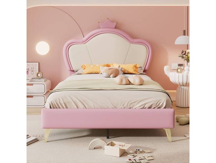 Lit capitonné lit enfant bords protecteurs doux tête de lit ornée d'une couronne pieds de lit en métal profil élégant de tête d