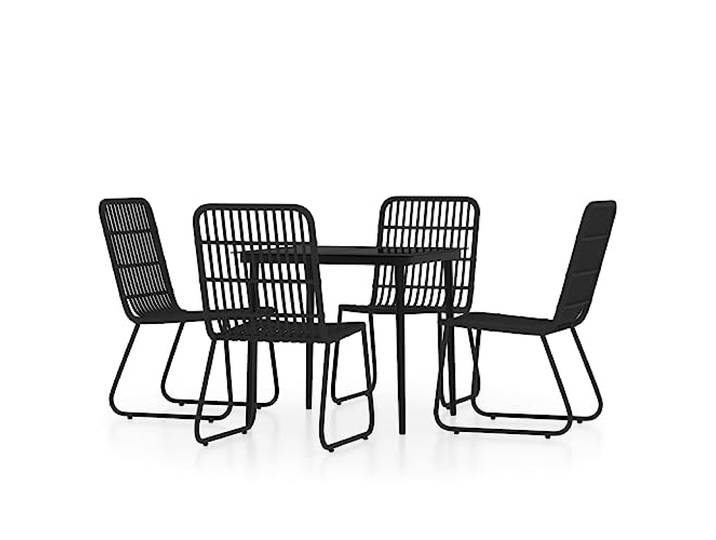 PUGYNBK Garten-Esszimmer-Set, 5-teilig, Schwarz Stahlgestell, Glasoberfläche, PE-Rattanstühle, inklusive Fußstütze, max. 110 kg pro Sitz