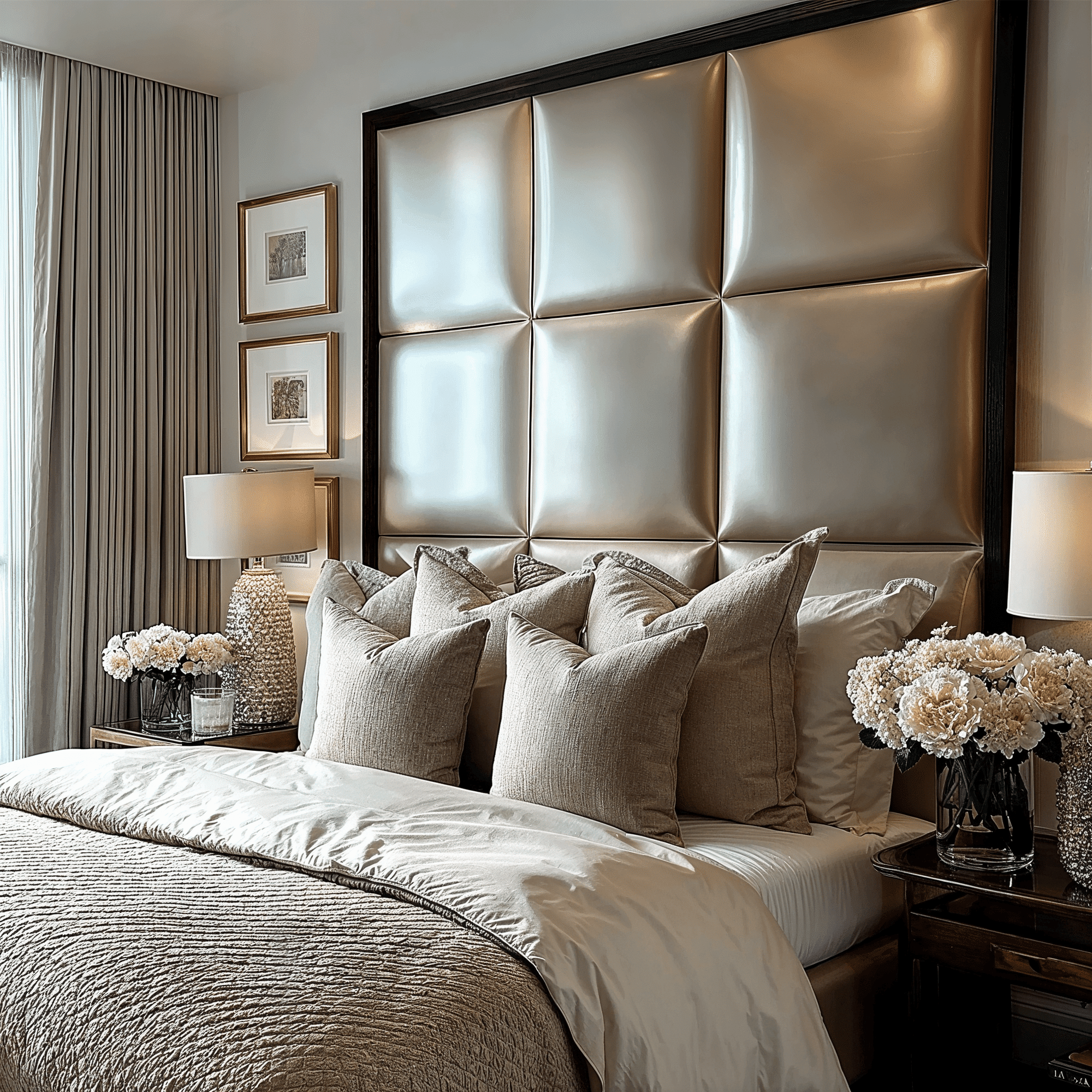 Dream Luxury Gold Satin Squares Headboard with Black Wooden Frame, Emperor
