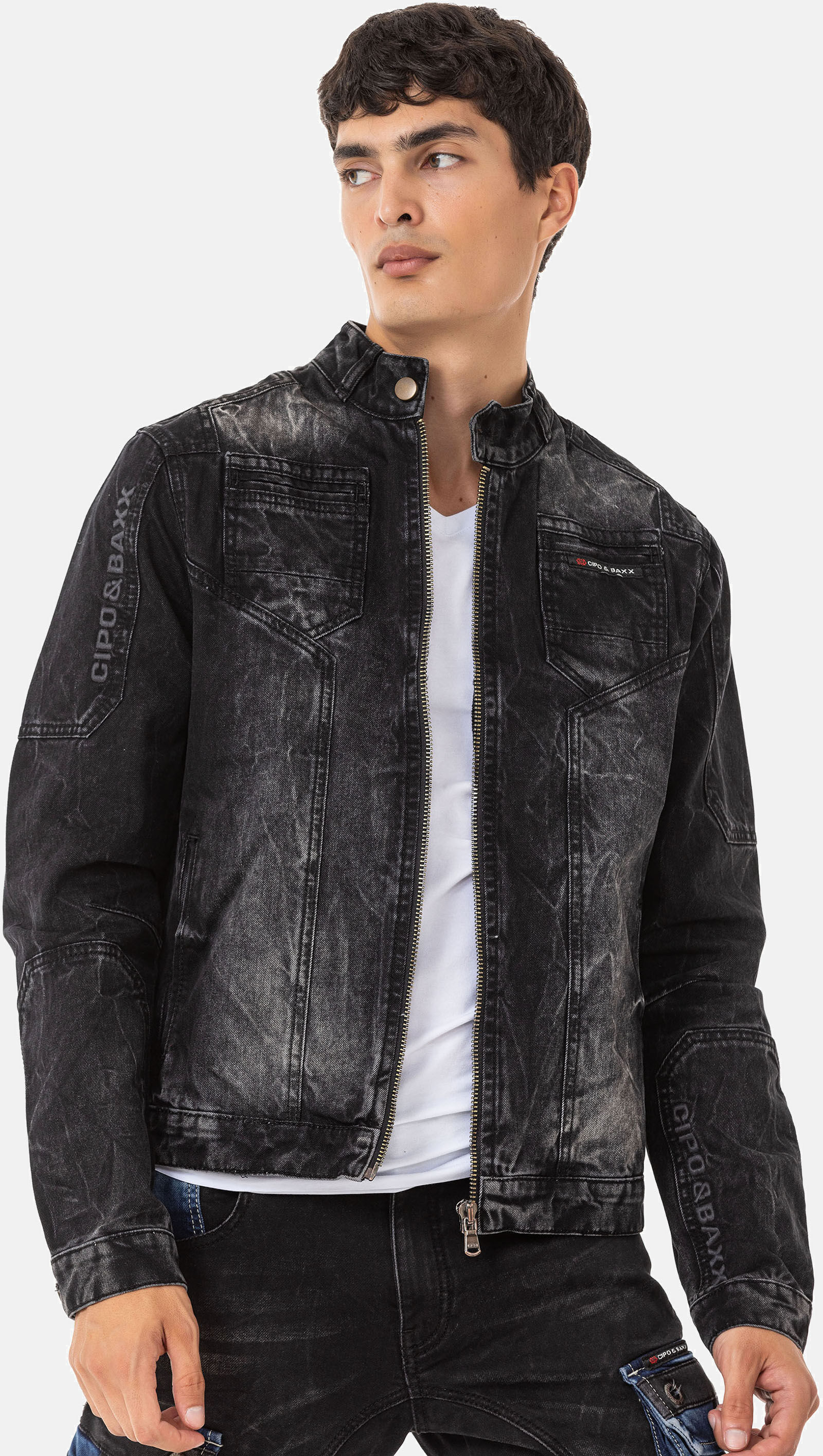 Bikerjacke CIPO & BAXX "CJ299", Herren, Gr. L, schwarz, Stoff, 100% Baumwolle, unifarben, regular fit normal, Manschette, Jacken, Cooler Used-Look für einen authentischen Vintage-Stil