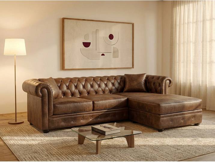 Chesterfield Ecksofa - Microfaser Vintage Look - Braun - TOLEDO