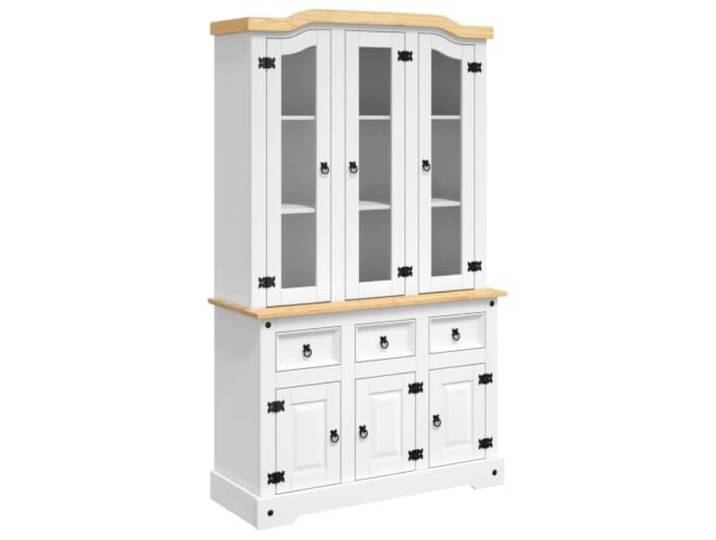 HGFDVCMR Highboard Massivholz Kiefer Weiß 112x43x196 cm Schrank Vielseitiges Büfett mit Glasscheiben und Schubfächern für Wohnzimmer, Küche und Essbereich.
