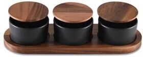 Kalmar Home Black Ceramic Condiment Set on Acacia Wood Base