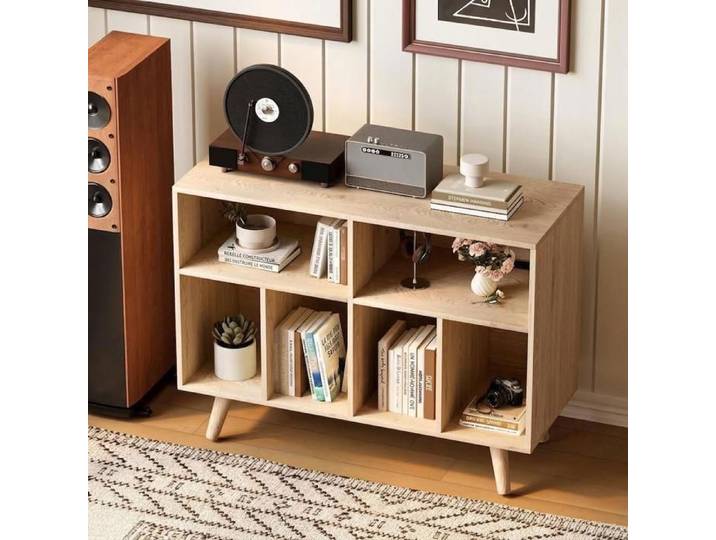 Meuble vinyle en bois naturel – Support platine avec station de charge – Capacité 350 disques – Étagère ouverte –100x40x75 cm – Bois