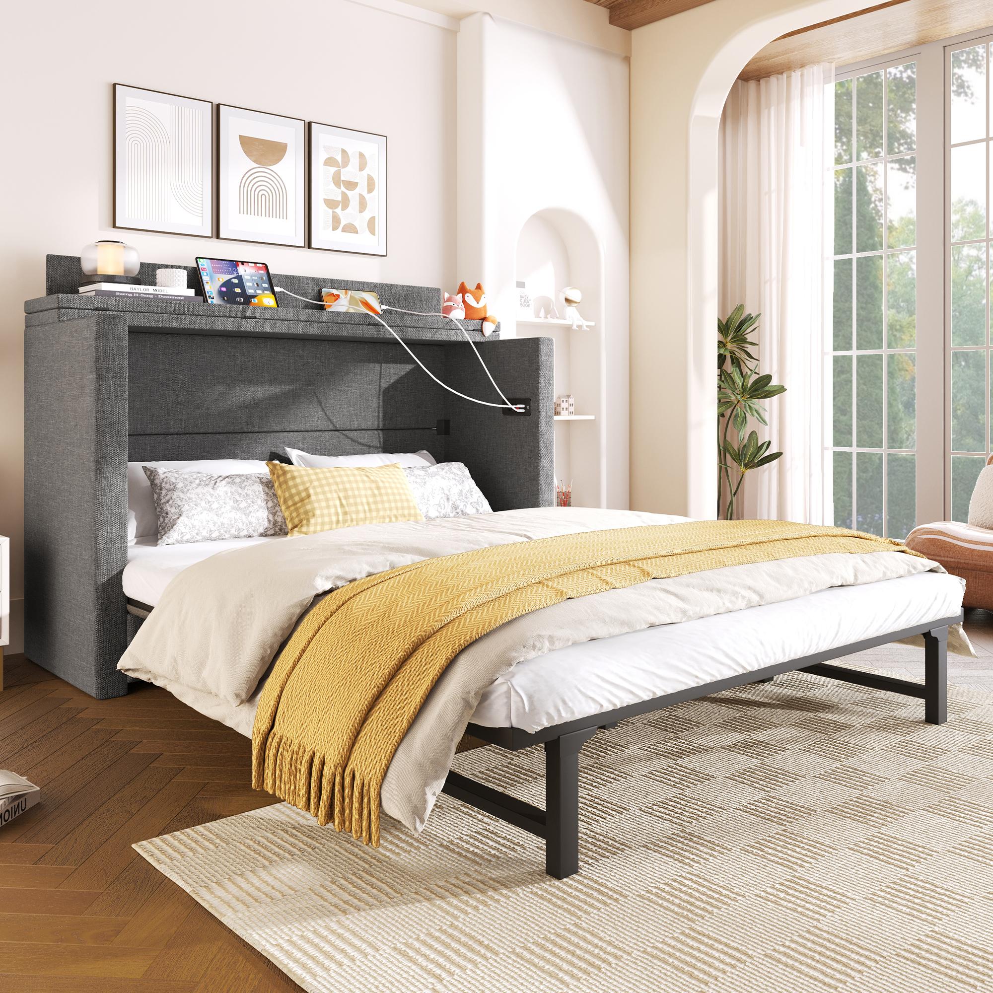 Sweiko Schrankbett, 140 x 200, Mit einer Schublade,Mobiles Schrankbett mit Ablagefach am Bett, mit USB- und Typ-C-Anschlüssen, Umbaubares Plattformbett, Ohne Matratze,Leinen, Grau