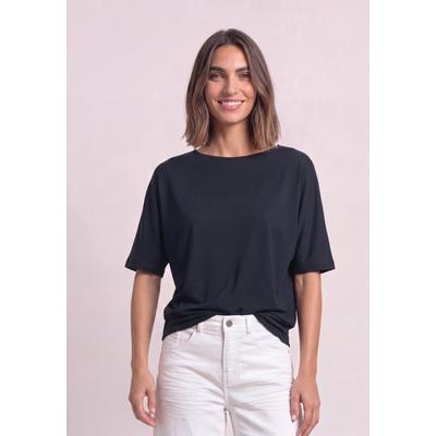T-Shirt STREET ONE, Damen, Gr. 36, schwarz (tiefblau), Web, 50% Baumwolle, 50% Modal, unifarben, normal normal, U-Boot-Ausschnitt, abgesteppt, Shirts T-Shirt, im soften Baumwoll-Mix
