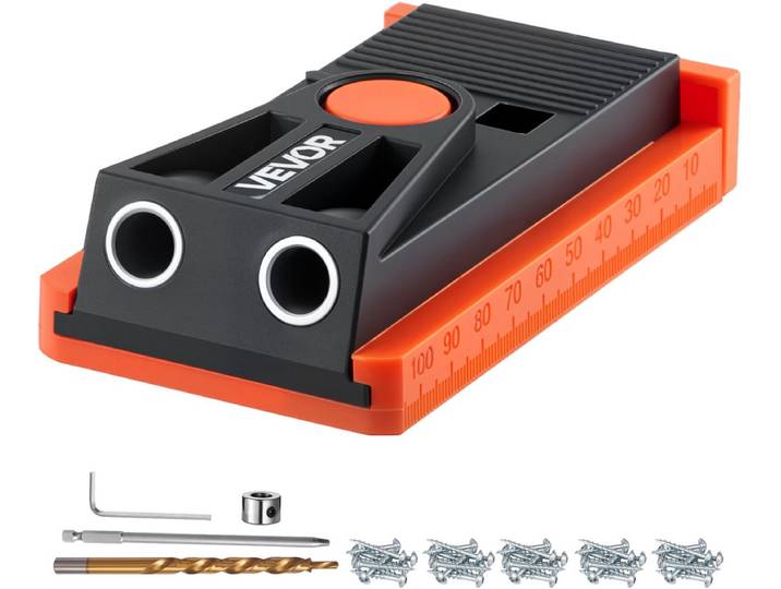 VEVOR Pocket Hole Jig Kit\, Pocket Hole Jig Set 12\,7-38\,1mm Verstelbaar\, Jig Pocket Hole Systeem met Trapboor\, Inbussleutel\, Boorstopring\, Vierkante Aandrijfbit en Schroeven