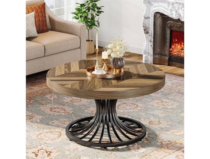 Finmind Table Basse Ronde de Cocktail Industrielle 79 x 79 x 45 cm table d'appoint avec piédestal en métal élégant Marron