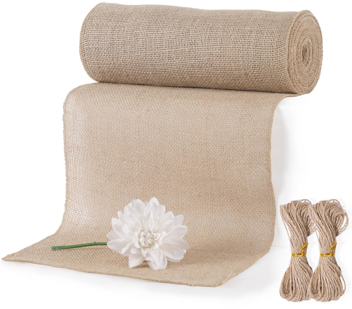 Natuurlijke jute tafelloper van 30 cm x 10 m met 20 m jute koord voor rustieke tafeldecoratie