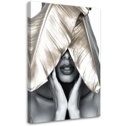 LEINWANDBILD Frau und goldene Blätter auf dem Kopf 70x100cm