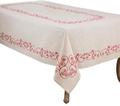 Saro Lifestyle Scroll Embroidered Linen Blend Tablecloth - Decorative Swirl Border for Dining Room & Farmhouse Decor