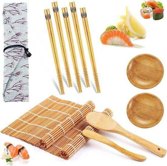 Unyqoos Sushi-set van natuurlijk bamboe met 2 sushi-matten, 5 paar eetstokjes, 2 schaaltjes, rijstlepel en rijstverspreider