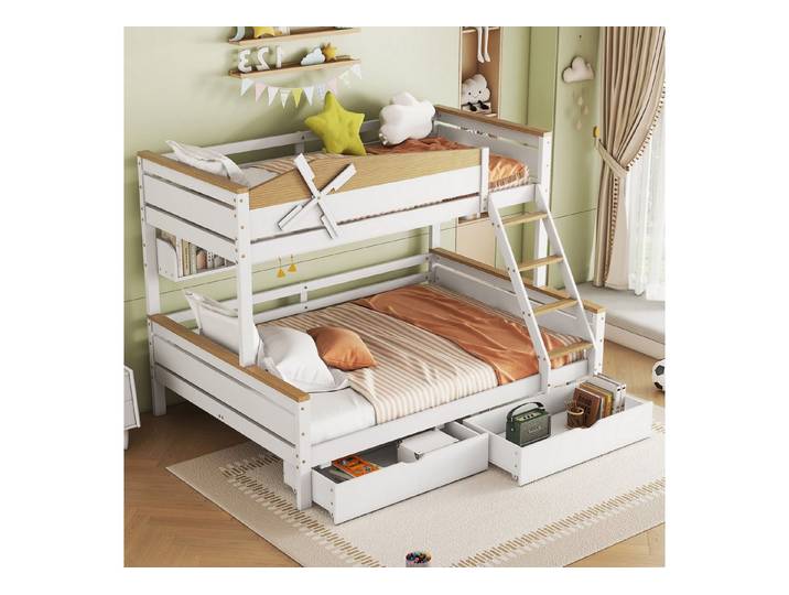 HAUSS SPOLE Etagenbett 90x200/140x200cm mit Windmühle, mit Regalen, Leiter, Schubladen, Weiß