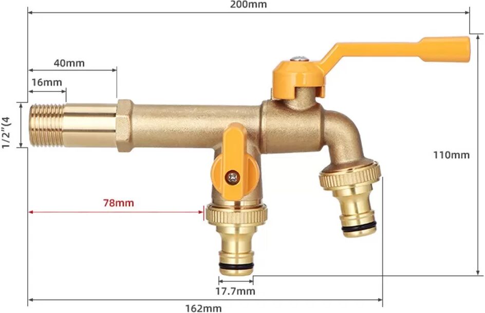 INF Robinet de Jardin en Laiton Étendu avec Poignée Jaune et Connecteur Rapide - Robinet à Double Sortie