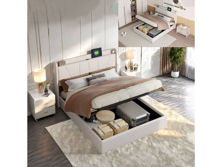 Lit 160x200 cm - USB - tissu en Lin - cadre de lit adulte - lit adulte 160x200 cm - 160x200 cm - Beige