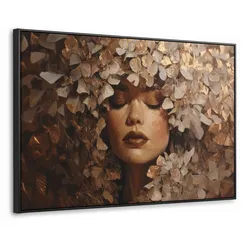 LEINWAND Bilder mit Rahmen - Gesicht - Dame - Blätter - Pinselstriche - 120x80