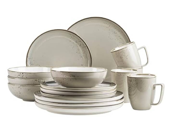MÄSER Serie Pintar, hochwertiges Speise Geschirr-Set für 4 Personen, 16-teiliges Kombiservice, braune Sprenkel und feiner Rand im Vintage Handmade Look, Porzellan, Olive