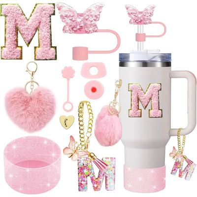 Inspire Select 9pcs Stanley Cup Accessories Set Silicone Boot, Butterfly Straw Cover, Spill Proof Stopper & Initial Charm Kit m Heart Pink 9pcs
