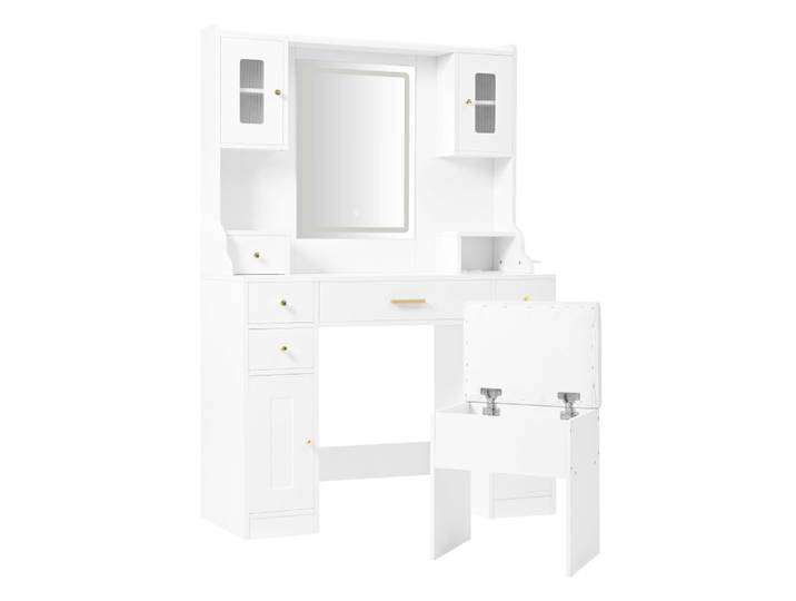Coiffeuse blanche avec miroir LED réglable, 6 tiroirs, 4 portes