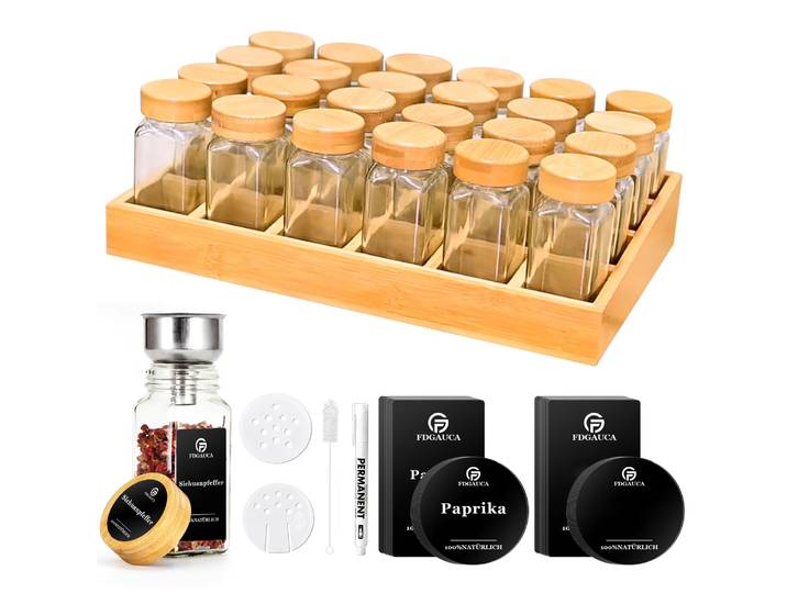 Bocaux à Épices en Bambou Naturel T1 avec 24 Pots Carrés en Verre et 180 Attro Noir, Évaluation pour un Déplacement Facile