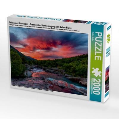 Sehnsucht Norwegen - Brennender Sonnerungang am Svåne Fluss (Puzzle)