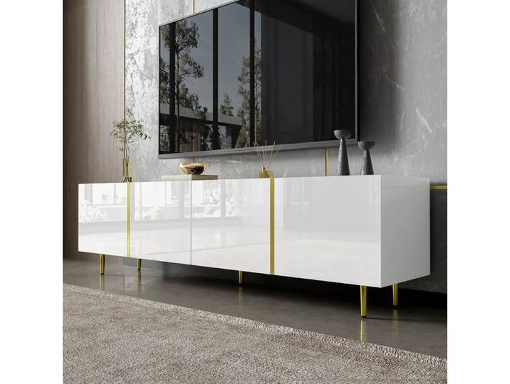 Meuble TV avec 4 Portes Surface Brillante Design Moderne Meuble TV avec Rangement Meuble Télé avec Lignes
