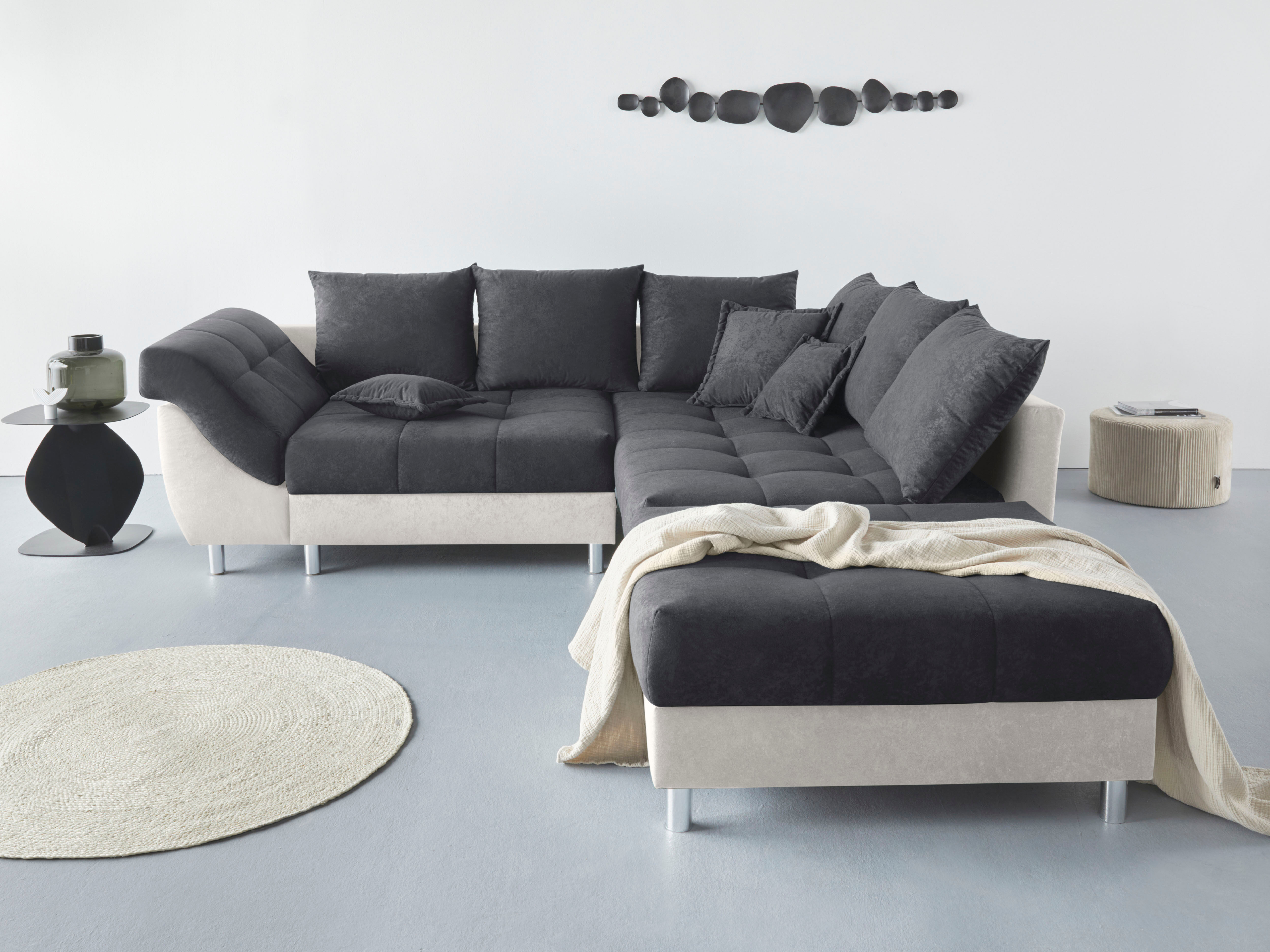 Ecksofa COLLECTION AB "Innsbruck L-Form, B: 247 cm", grau (anthrazit), B:247cm H:87cm T:189cm, Microfaser PRIMABELLE (100% Polyester), Struktur (90% Polyester, 10% Polyacryl), Samtvelours (100% Polyester), Luxus-Microfaser Antiklederoptik (100% Polyester)