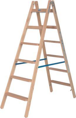 Stehleiter Krause, beidseitig, TRBS 2121-2, mit Eimerhaken, 2 x 7 Stufen/Sprossen, Holz