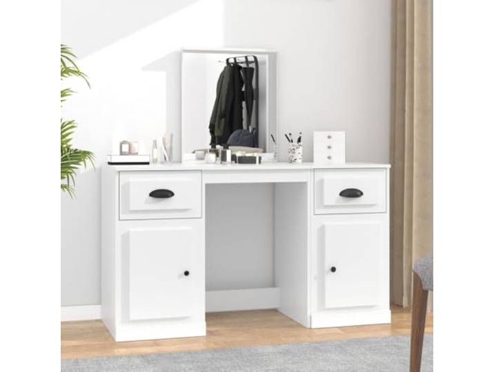 HKQWPBF Schminktisch mit Spiegel Weiß 130x50x132,5 cm Holzwerkstoff Stauraum für Kosmetik, Spiegel integriert, pflegeleichte Oberfläche, mit Wandhalterung, Montageanleitung inklusive