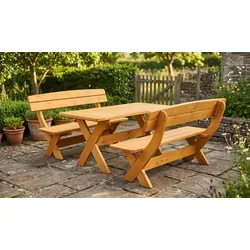 Holz Garnitur Greifswald - 150 x 50 x 73 cm (Tisch) / 150 x 70 x 90 cm (Bank) - Farbe: Honigbraun