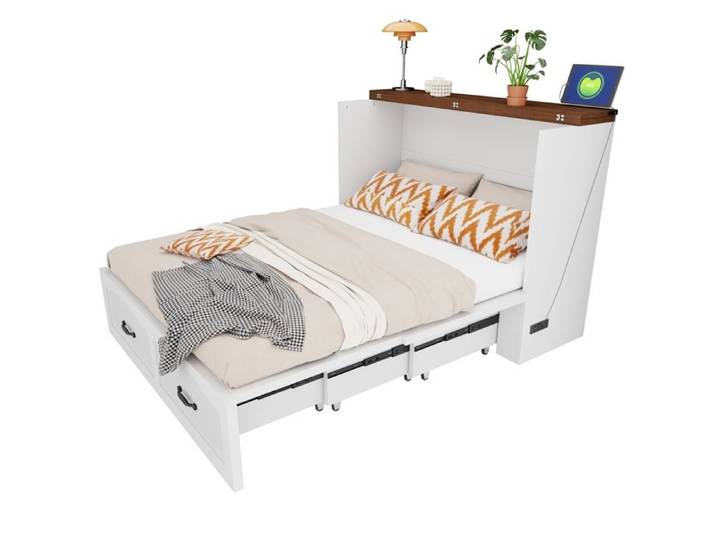 Lit Pliant 2 Personnes Lit Escamotable 140x200cm avec espace de rangement Port USB et Prise électrique Design Convertible