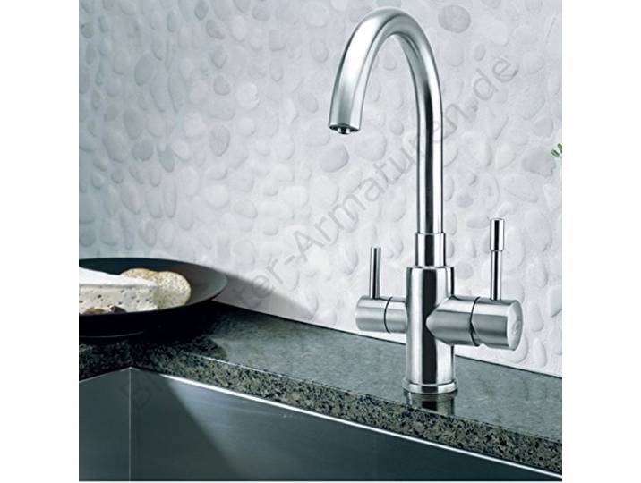 Bluewater PALMIRA 3 Drei Wege Wasserhahn INOX Edelstahl Massiv Designer Drei Wege Wasserhahn für Wasserfilter - Küchenarmatur für Osmose Filter - Duo Wasserhahn für Trinkwasser-Armatur Trinkwasserhahn