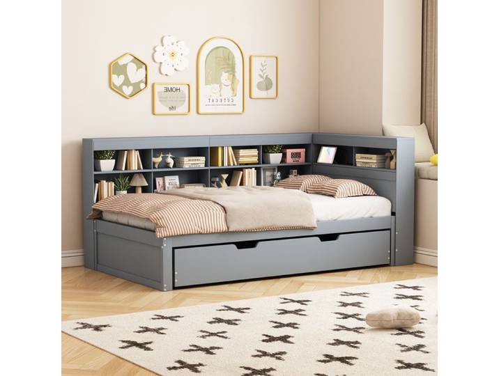 Lit combiné gigogne 90 x 200 cm EVRYAE avec lit gigogne 90 x 190 USB et rangements bois massif gris