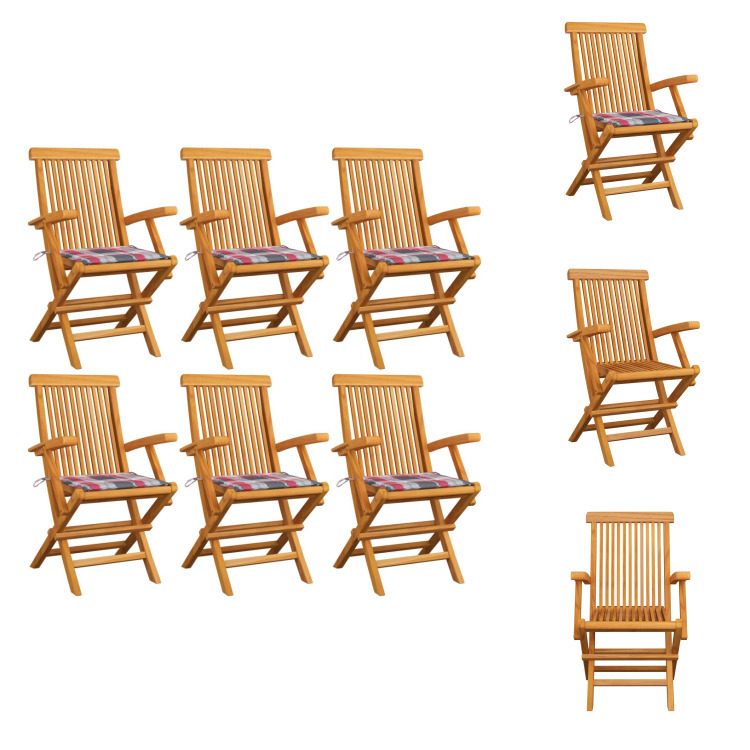vidaXL Gartenstühle Rote Karomuster-Kissen 6 Stk. Massivholz Teak - Gartenstühle