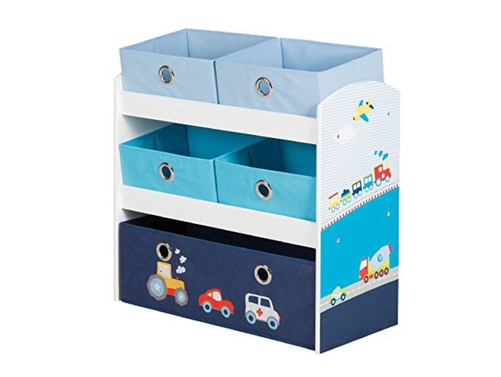 roba Spielzeugregal Rennfahrer - Spielregal für Kinderzimmer mit 5 Boxen aus Stoff - mit Auto Motiv in Blau - Aufbewahrungsregal für Jungen und Mädchen - Holz weiß