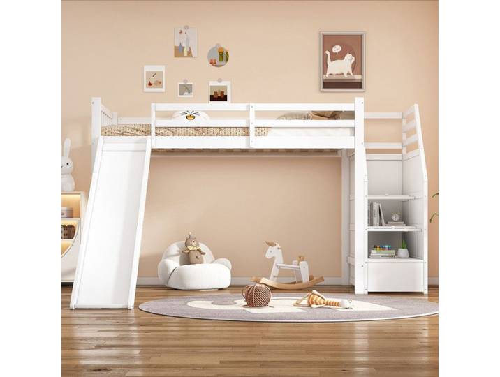Lit mezzanine 90x200 cm - Blanc - Toboggan - Échelle de rangement - Certifié EN 747